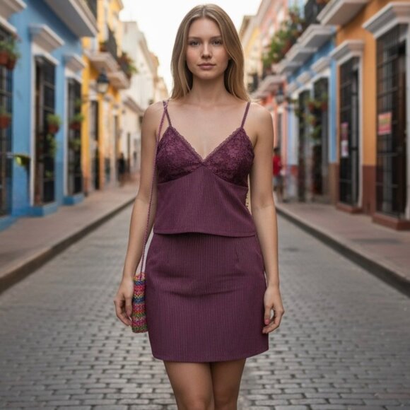 No Boundaries Women Set Plum Wine Woven Bustier Top & Skirt Size XL 16-18 NWT - Picture 1 of 11